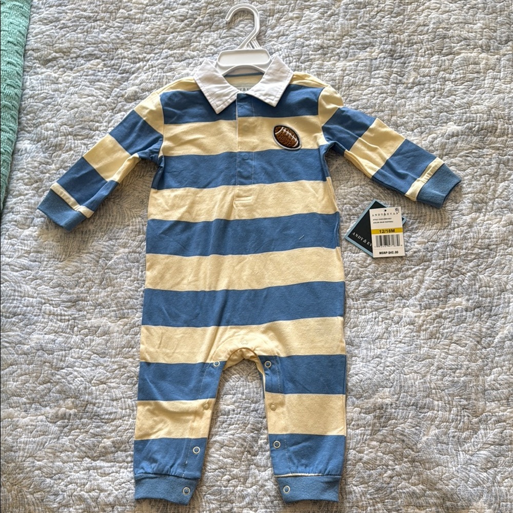 Andy & Evan Blue and Cream Striped Bodysuit with Long Sleeves